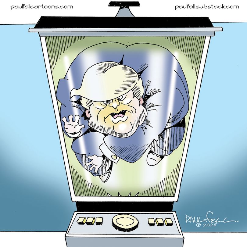 Scene is Donald Trump, trapped in a blender of green goo.