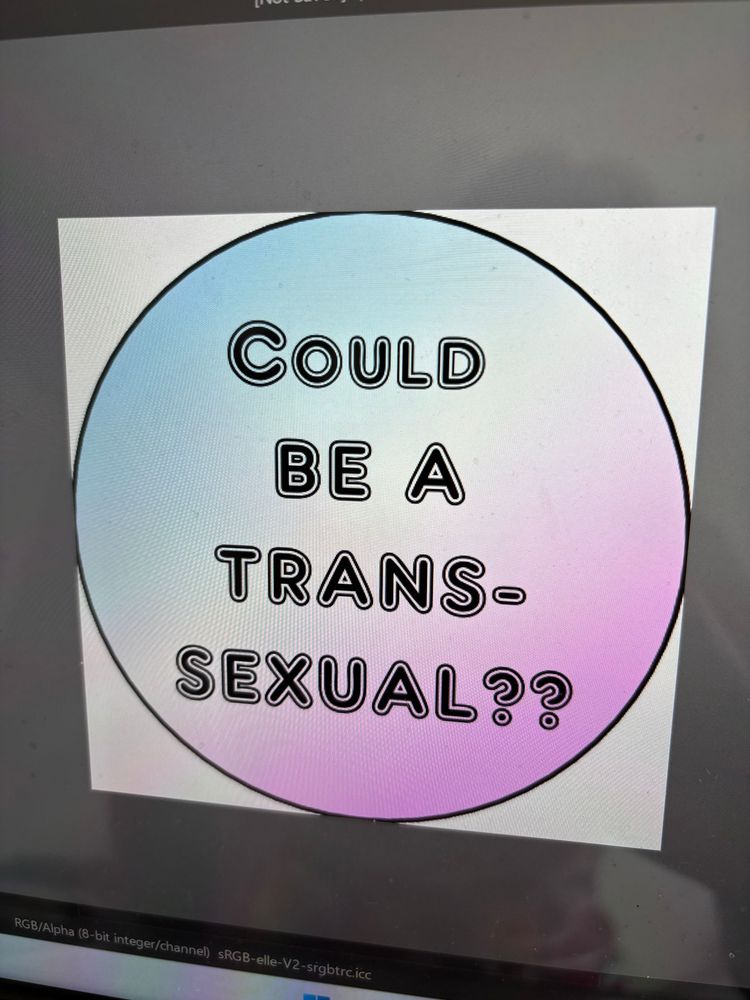 A design for a pin badge, the background is a blue-white-pink gradient, and in black bold text it says “Could be a transsexual??”. The two question marks are very important to me