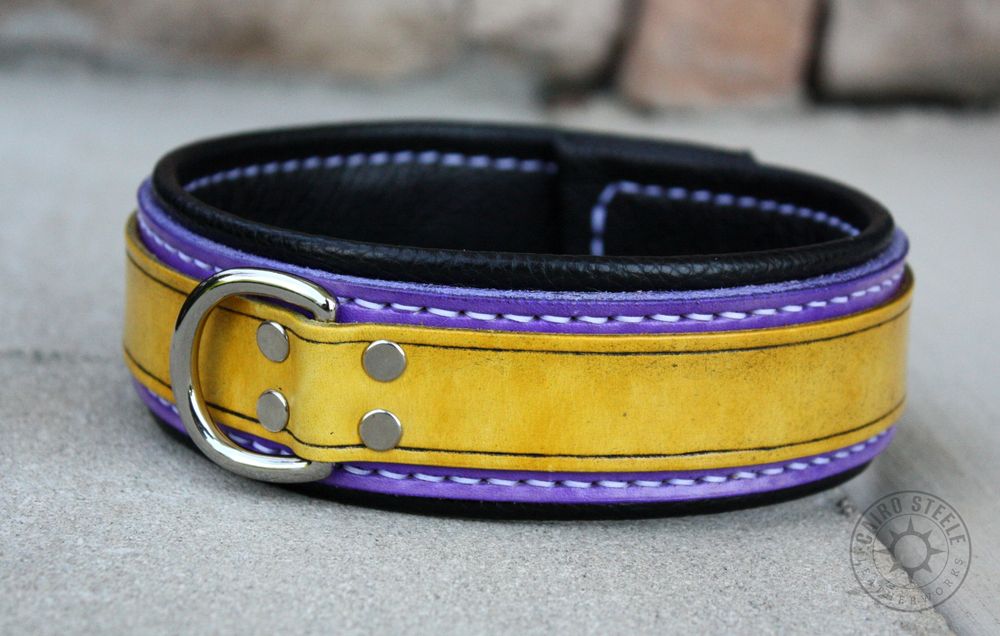 A handmade leather collar in nonbinary flag colors. It has a yellow top strap, purple base strap, black liner, white stitching, and nickel plated brass hardware.