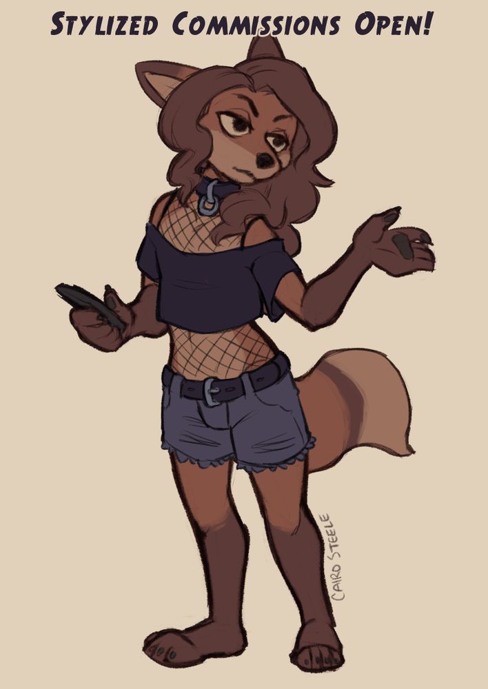 Luca, a brown fox boy, wearing a black collar, a black boatneck crop top over a mesh tank, and dark gray booty shorts. His hair is down. Text reads "Stylized Commissions Open!"