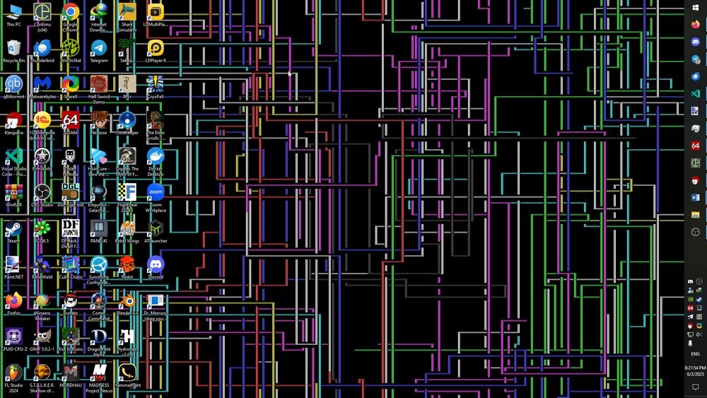 screenshot of a Windows 10 desktop with a vibrant ASCII-art pipes live wallpaper in the background