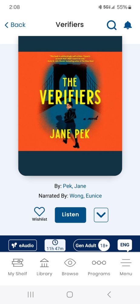 Orange background has blue inset that shows the Brooklyn Bridge. Main character Claudia - Asian woman with her black hair in up do - is wearing a full black out & peering back at us over her shoulder