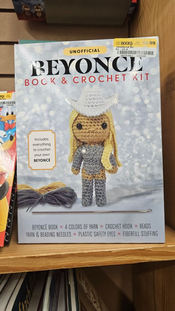 Kit says Beyoncé Book & Crochet Kit
 Shows a pic of a brown girl doll worth blond hair wearing a sparkly silver body suit & silver knee boots