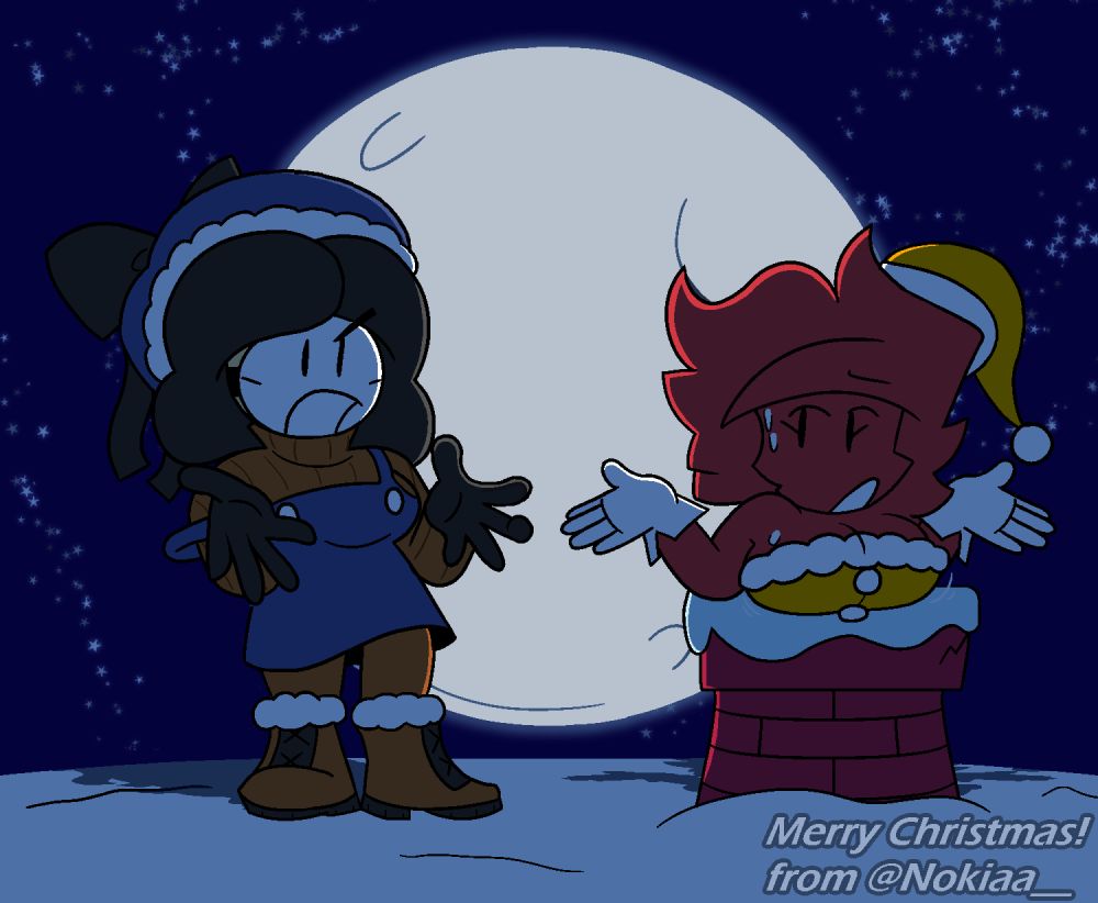 ocs of mine (Mask-Gal on the left Jessica on the right) trying to jump down a chimney like santa does... it didnt work. AGAIN.