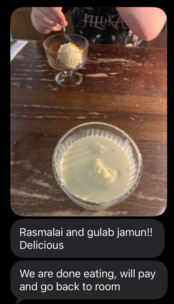 A screenshot snippet of some messages with child1 where he is giving me a dish by dish breakdown of his Indian meal. 