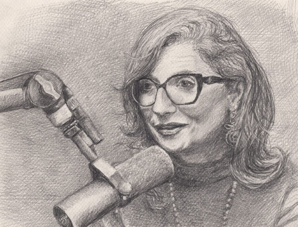 Pencil drawing of Francesca Albanese, UN Special Rapporteur, speaking into a microphone in a YouTube interview