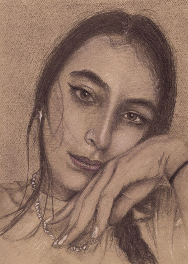 pencil drawing of a braided woman with her hand draped across her face