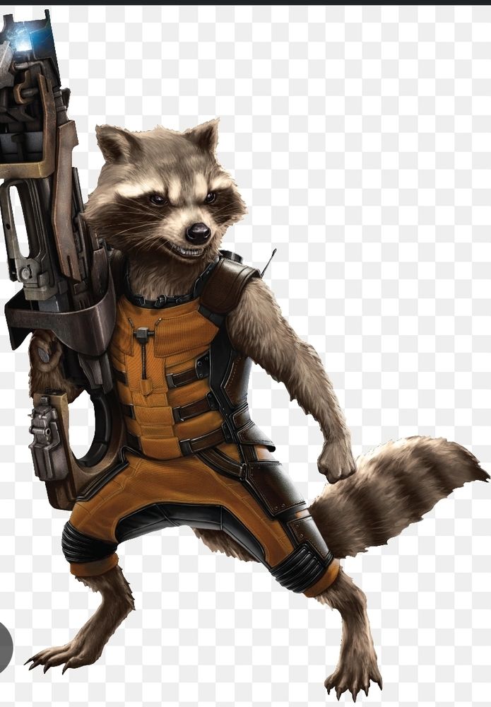 Rocket Raccoon from Guardians of the Galaxy holding a space blaster.