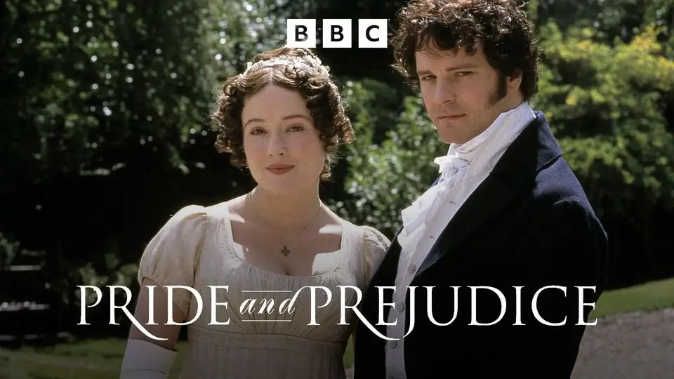BBC's Pride and Prejudice, starring Colin Firth and Jennifer Ehle, shows Elizabeth and Darcy in Regency attire in front of a landscape of trees and meadows looking incredibly happy. 