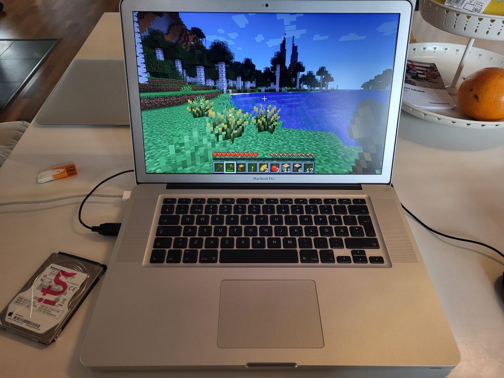MacBook Pro running Minecraft in Linux.