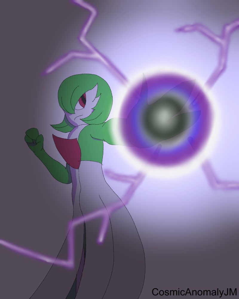 Low angle view of the pokemon Gardevoir preparing to fire a Shadowball.