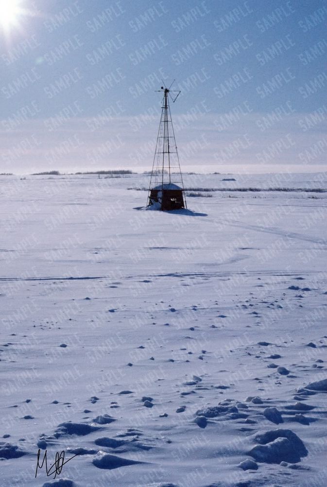 A blue-tinted film photograph depicting a dilapidated weather vane standing alone in a frozen central Saskatchewan tundra, where strong winds have made erupted moon-like mounds in the snow 