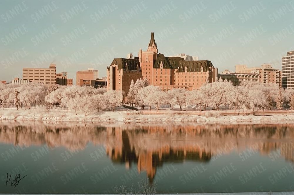 Mark's long exposure photograph of Saskatoon's iconic landmark, the Bessborough, looking over the snowy banks of the South Saskatchewan River and the silvery hoarfrost covered trees that line its perimeter