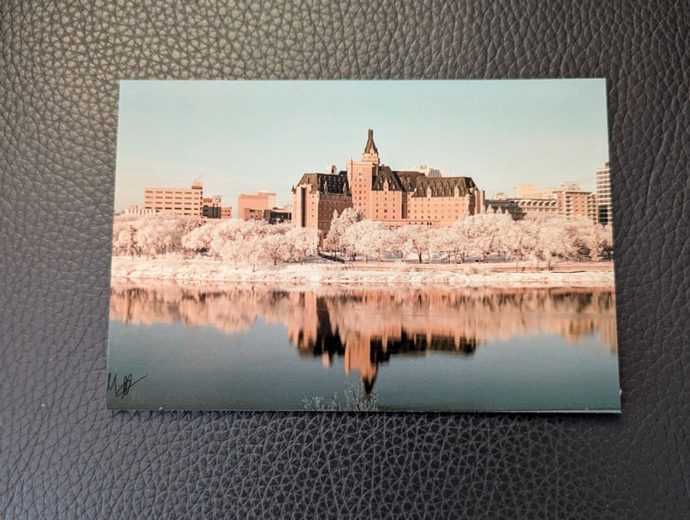 A photo depicting one of Mark's photographs of Saskatoon's iconic landmark, the Bessborough, surrounded by hoarfrost-coated trees.