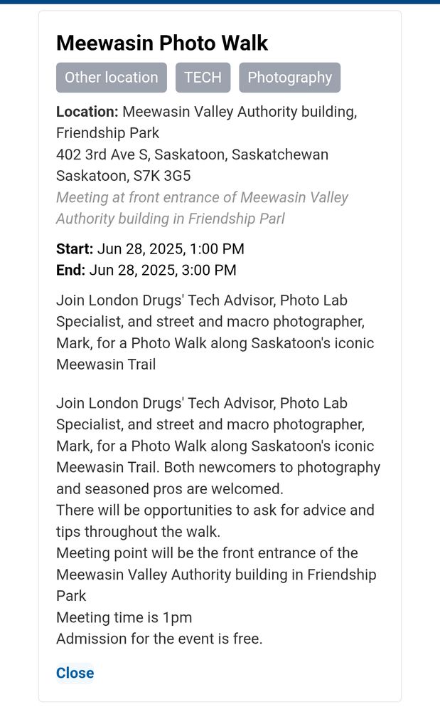 A screen cap depicting the information for Mark's June 28th photo walk