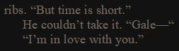 text from my fic that reads as follows: "... ribs. 'But time is short.' (Next line) He couldn't take it. 'Gale—' (Next line) 'I'm in love with you.'"