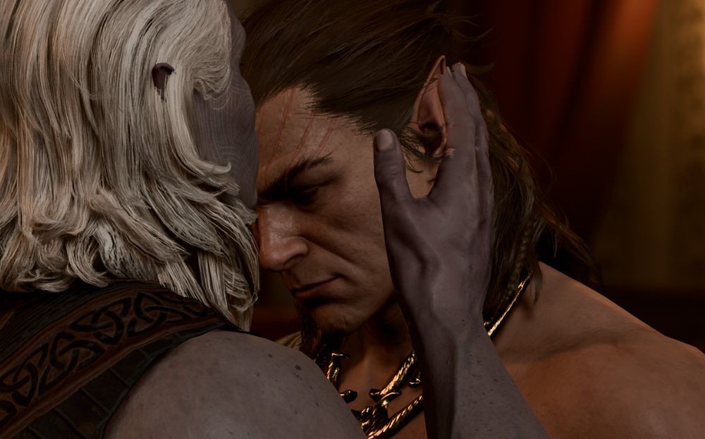 Cliff smooching Halsin on the forehead.