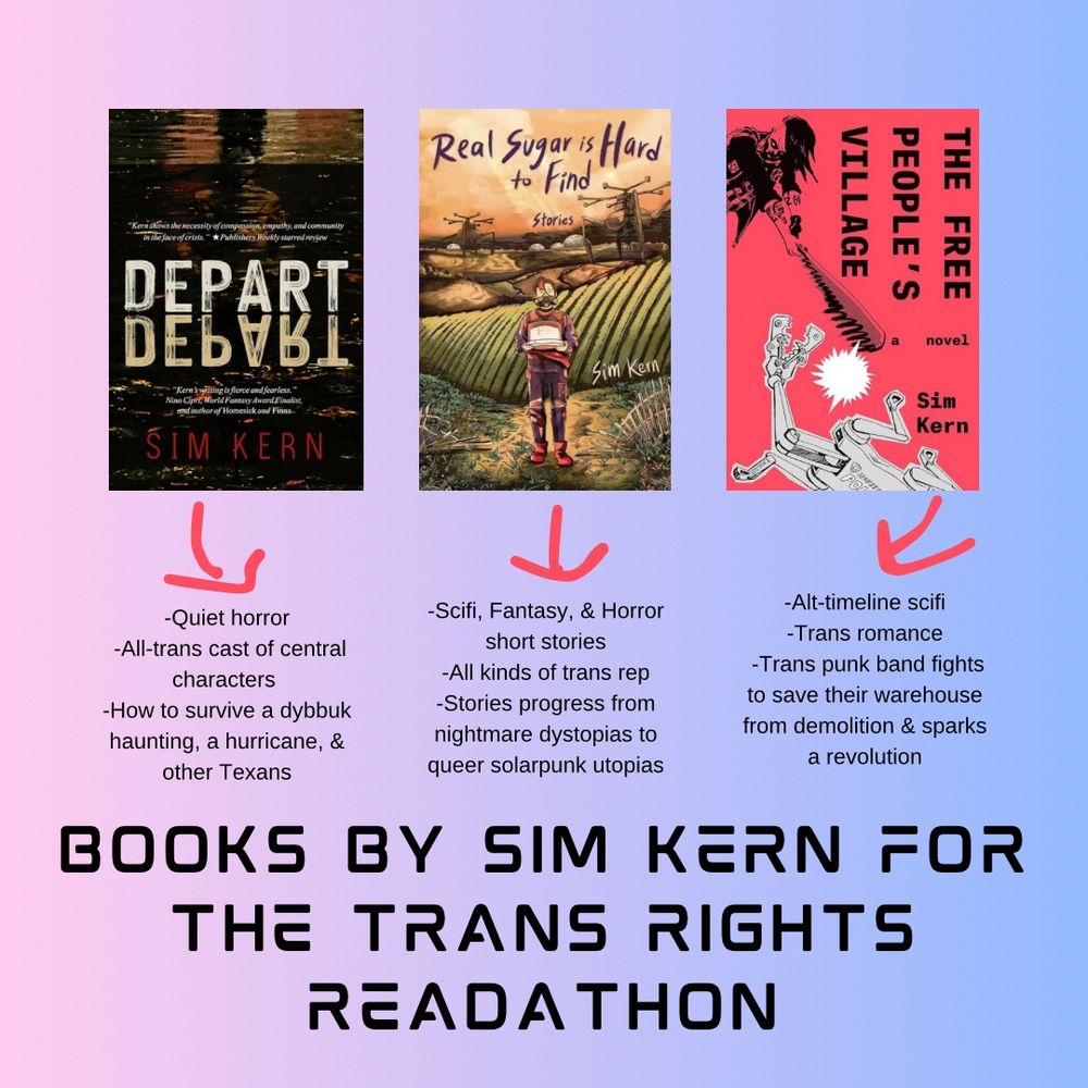 Books by Sim Kern for the Trans Rights Readathon, featuring the cover of DEPART, DEPART! (Quiet horror, all trans cast of characters, how to survive a dybbuk, a hurricane, & other Texans), REAL SUGAR IS HARD TO FIND (scifi fantasy and horror short stories, all kinds of trans rep, stories progress from nightmare dystopias to queer solarpunk utopias), THE FREE PEOPLE’S VILLAGE (alt timeline scifi, trans romance, trans punk band fight to save their warehouse from demolition & spark a revolution)