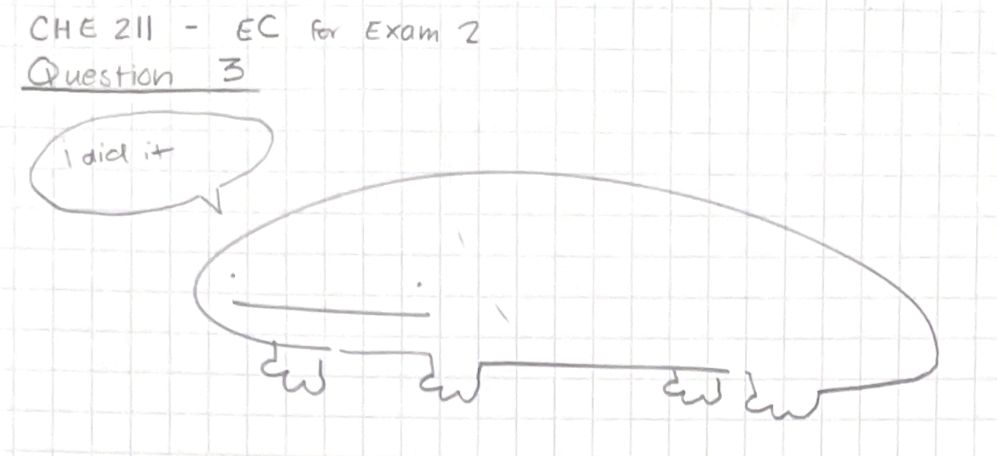Snapshot from a page with "CHE 211 - [Extra Credit] for Exam 2" written at the top and a bulbous frog character drawn below with a text bubble saying "i did it".