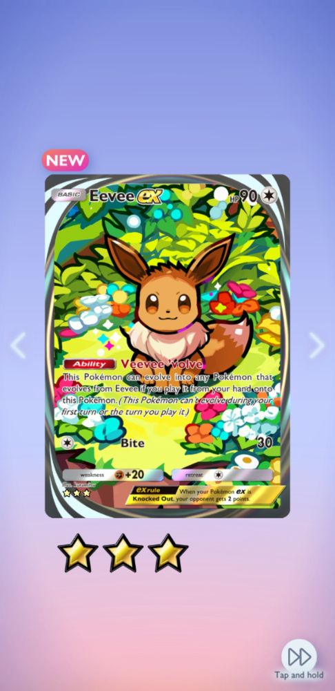 An in-game screenshot of Pokémon TCG Pocket showing an immersive illustration Eevee ex pulled from a pack. 