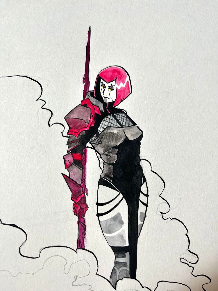 Drawing of Eliza Hellbound from the comic series the power fantasy. She is holding a spear like shape and looking with a blank expression to the side while a smokey shape surrounds her.
