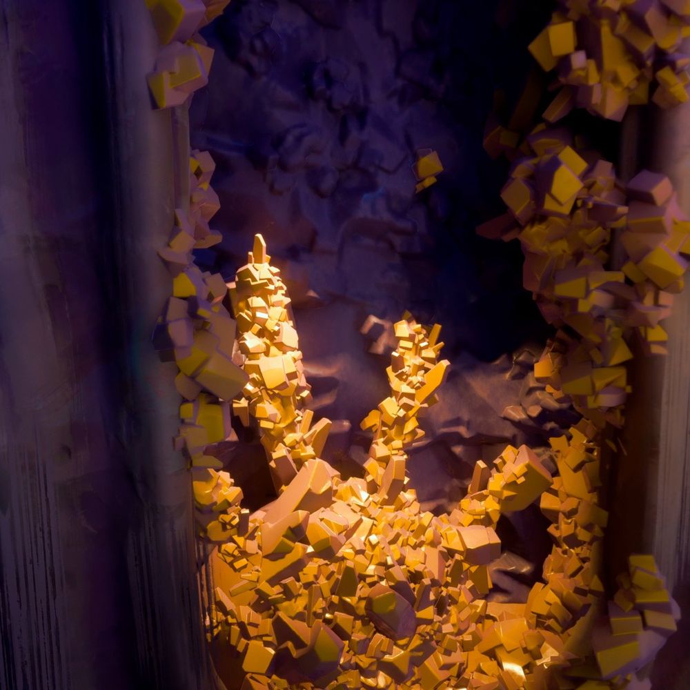 descriptive text - This is a very angular, cubic sort of orange bursting rocks, hidden inside a wall within the PC game 'Keeper'. The perspective is courtesy of a game mod called 'UEVR', which allows many Unreal Engine games to run in full stereo 3D in virtual reality. It is a head trip that such beauty is just sitting behind a wall, in a game where you are a lighthouse that comes to life, and takes a journey with a tiny bird buddy. Fine digital art and a real example of unbound talent.

'Keeper' is a game by Double Fine Productions, released October 17, 2025 on PC and Xbox Series consoles. I am playing the game in Virtual Reality, so being INSIDE this space is constantly overwhelmingly beautiful, every second is worth a thousand captures, none of it seems to find the 'ends' of the game world like many games reveal themselves to be elaborate dioramas, but not this one. It hits the same notes as the greatest Pixar films, a wordless, psychedelic narrative of transformation, and shining a light. Born during the pandemic by Lee Petty, this might be the prettiest game I've ever had the honor of playing.