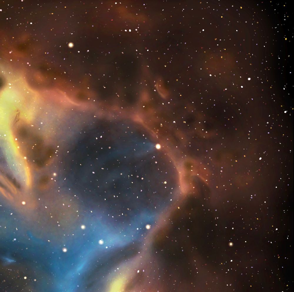 Upper right quadrant of my procreate drawing of the Rosette Nebula, a large star-forming region. Image depicts giant molecular cloud, and stars.