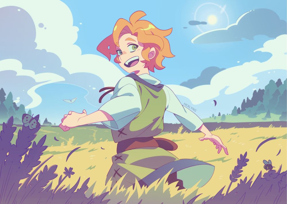 Image ID: A digital illustration showing a young, light-skinned person walking through a field, laughing, while looking back at the viewer. They have boyish-short, wavy, orange hair, and green eyes, matching the green tunic they're wearing. Yellow grass reaches below their hip, with insects resting on some flowers between the grass. The field stretches to the horizon where green trees and hills stand in front of a sunny, blue sky, giving the scene a happy and carefree atmosphere. End ID.