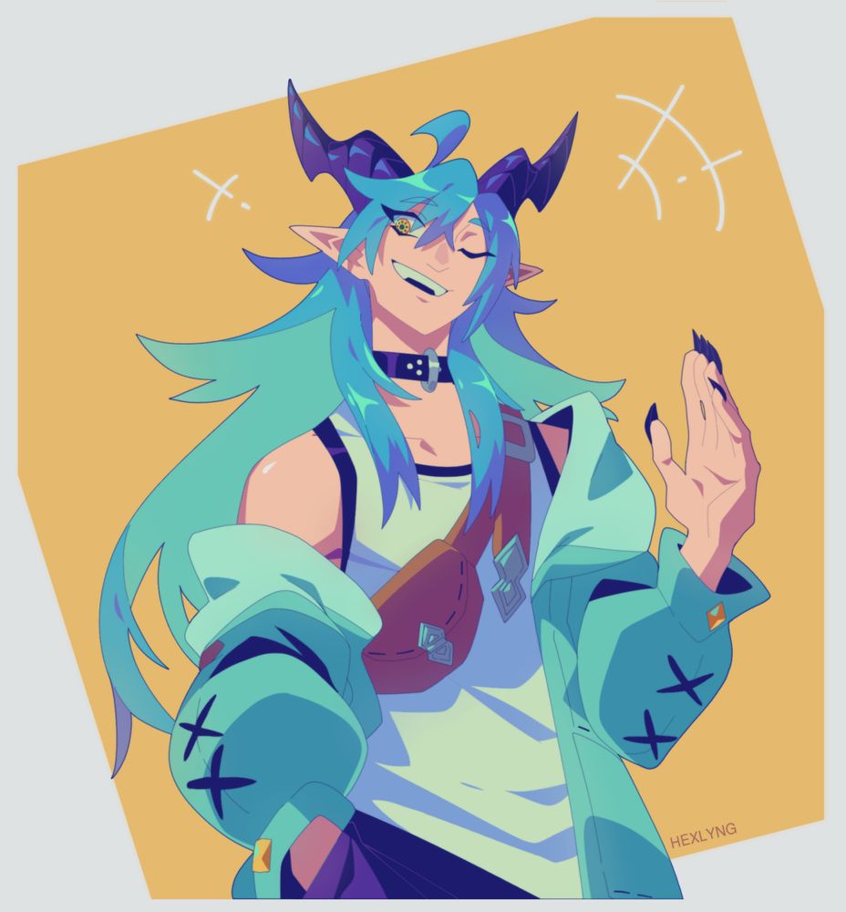 Image ID: A light-skinned young man with blue, long hair, pointy ears, and horns on his head, smiling at the viewer as he's raising a hand in greeting. He's wearing casual clothes—a white tank top with a blue jacket hanging casually off one shoulder. He's standing in front of a yellow, stylized background. End ID. 