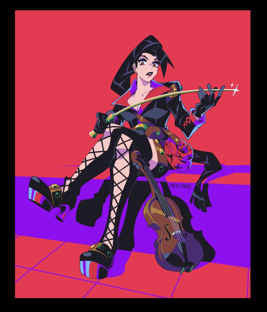 Image ID: A light-skinned woman with a demanding look on her face sitting cross-legged on a semi-visible platform inside a simple, stylized red-purple background. She wears dark red lipstick, black, long hair tied up in a ponytail resembling a whip, and black leather clothes with some red accents, and a red whip strapped to her belt. A shiny, golden riding crop is being held in one of her gloved hands, with its tip slightly being bent down by the other. A violin down on the floor is leaning against her leg, showing the woman is a bard, her riding crop functioning both as a weapon, as well as a bow for her instrument. End ID.
