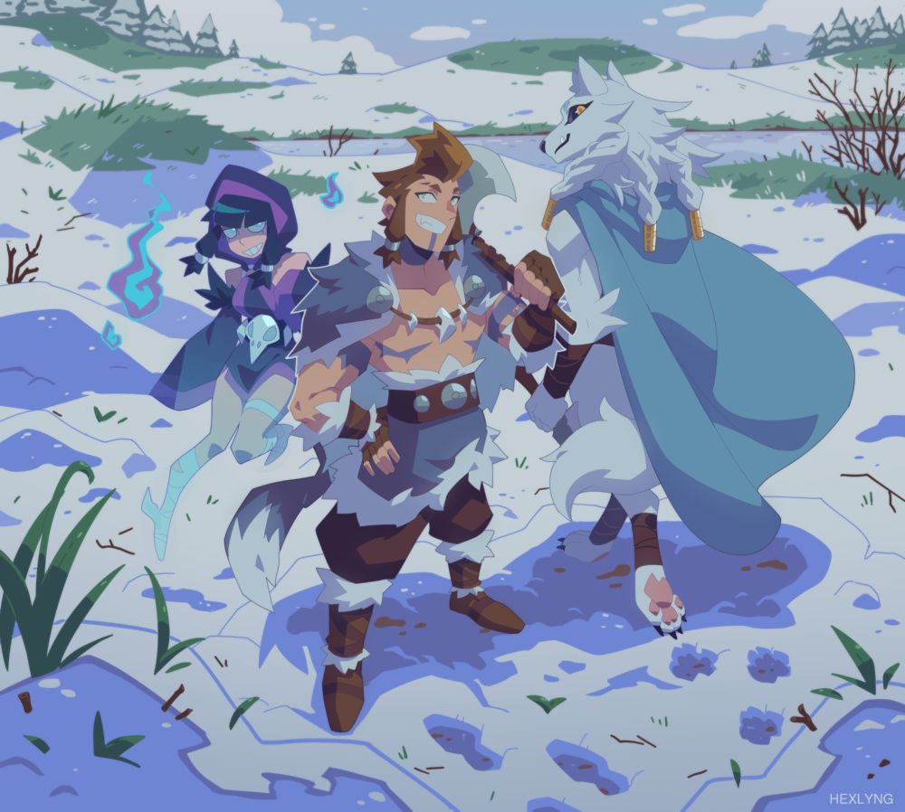 Image ID: Digital art showing three characters standing together in a winter landscape, their footprints covering the snow. The character in the middle is a light-skinned young man clad in wolf fur and clothes loosely inspired by Viking fashion, bravely smiling, as he is looking directly at the viewer. A battleaxe is resting on his shoulder. He has his brown hair styled in a pompadour, wears no shirt despite the cold, and simplistic, blue-ish tattoos adorn his chest, arms, neck, and chin. The tattoos on his chest look like they've been tattooed over mastectomy scars. The character on his right is a pale ghost girl smiling ominously as she's floating beside him, surrounded by blue, ghostly flames. She has black hair and is wearing a purple hood, casting a shadow over her face. Her clothes are adorned by black feathers and a big bird skull on her belt. Instead of shoes, her feet are wrapped in white bandages. The character on his left is a tall, anthropomorphized wolf woman with her back turned towards the viewer, but with her head turned back to reveal a warm smile. She is wearing a big, blue coat and carries a dagger in her hand. Golden accessors adorn her braided, white fur. End of ID.     