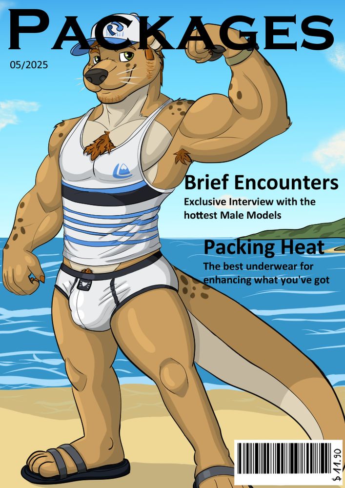 The front cover of a fictional magazine called "Packages" featuring an anthropomorphic otter wearing a tank top with blue black and white stripes and a pair of white briefs with black highlights. The otter is also wearing a blue and white cap. He is posing, flexing his left arm to show off his biceps in front of an ocean background.
