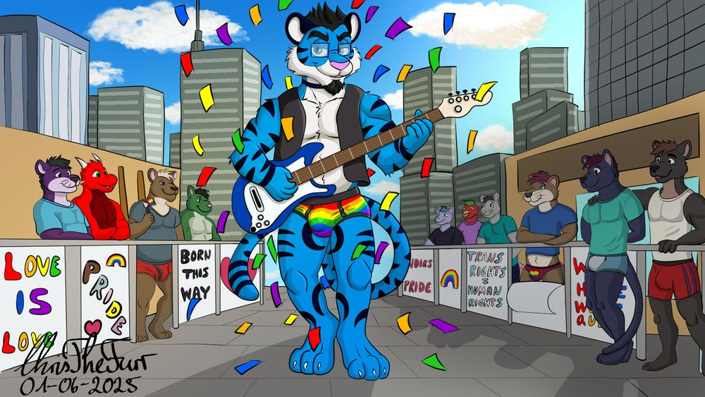 Cobalt, a blue tiger, is marching in a Pride Parade playing his blue and white bass guitar. He is wearing a rainbow colored pair of briefs and a black open vest. Around him, there are several other furry characters standing on the sideline watching the Parade.