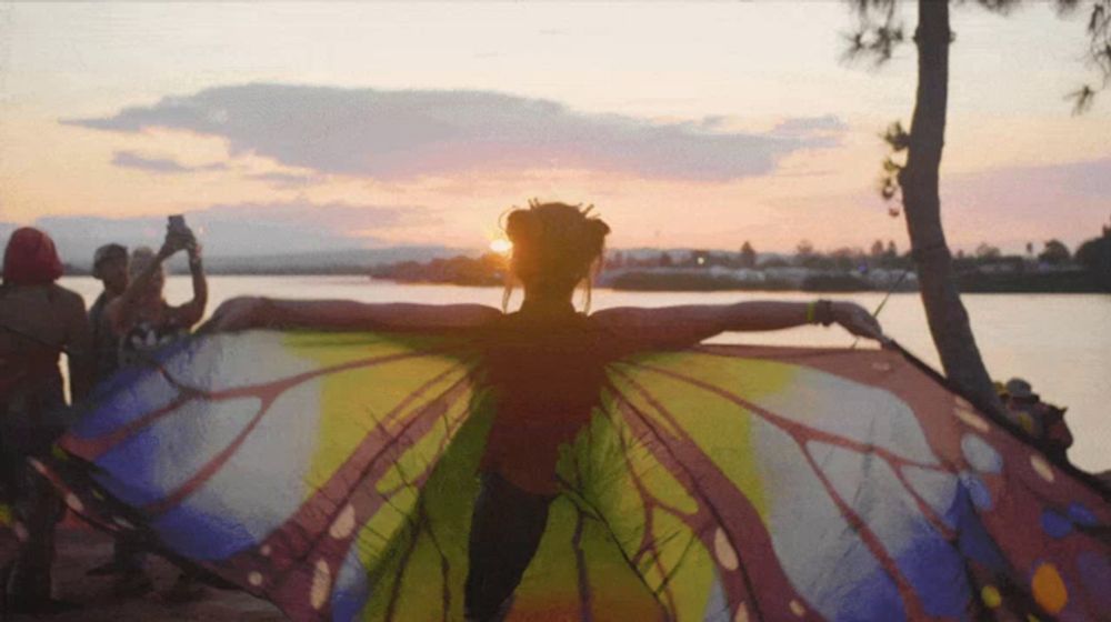 a woman with butterfly wings is standing in front of a lake