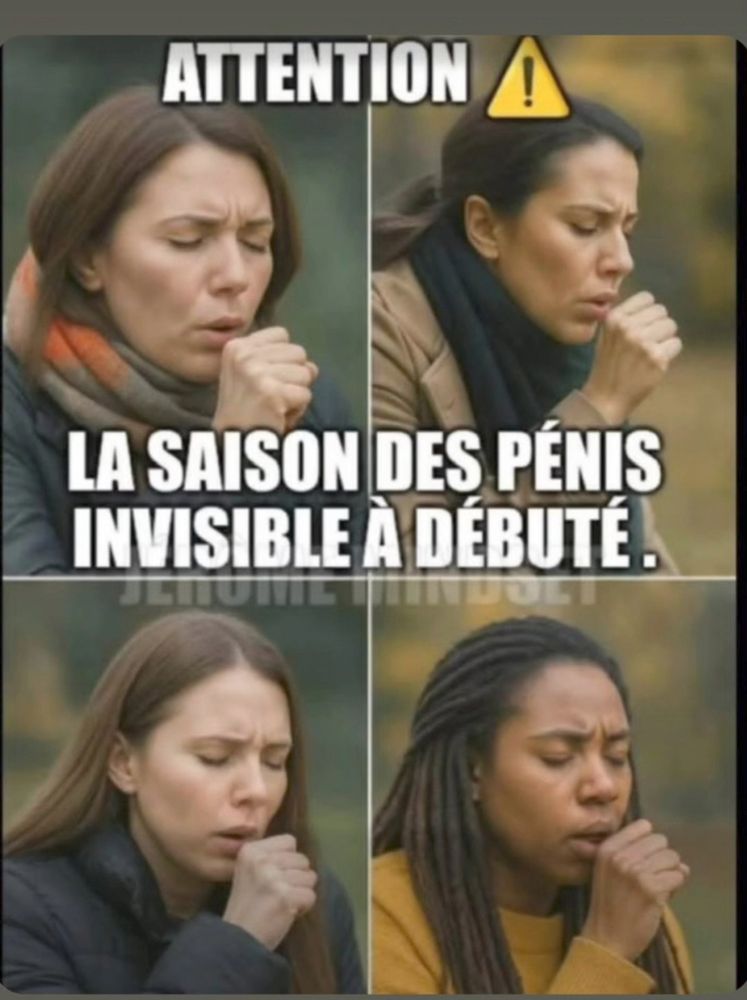 Un même où des femmes toussent avec le poing fermé devant la bouche legendé "attention la saison des pénis invisibles a débuté"