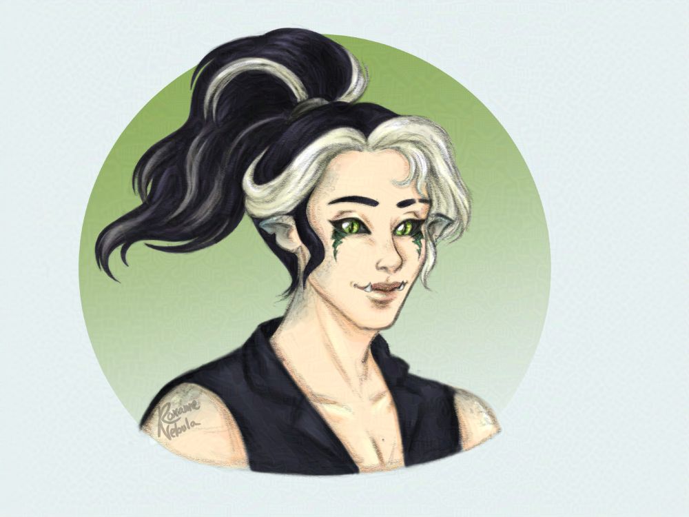 Portrait of a pale young man with a bright smile, his hair up in a ponytail most of it being raven black but his bangs are white along with some stripes of his hair. His eyes are green, snake-like and with black sclera. his ears are slightly pointy but downwards they have a slightly blueish tint to them and he has blueish like scales on the back of his neck and shoulders. He's wearing a black open vest and has small tusks.