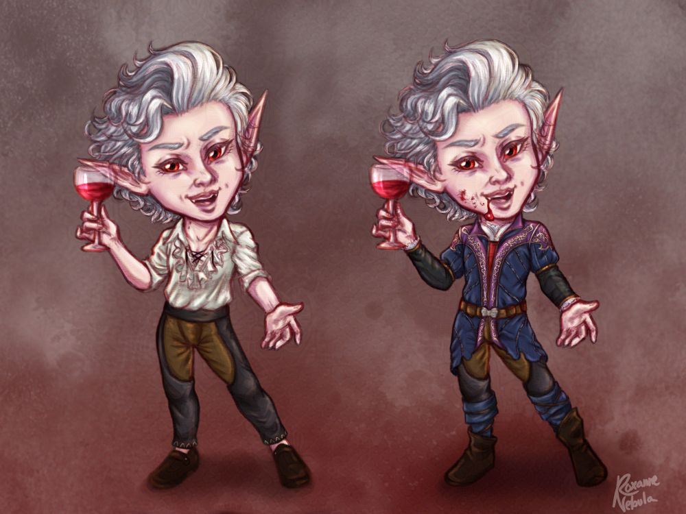 Astarion chibis, both in camp and default outfits standing against a grey and dusty red background. Both holding glasses of wine?(probably blood) and standing legs spread with a hand held open towards the viewer in an inviting way, a confident sharp-toothed smile on his lips and the one in default clothes having blood smeared on his cheek and a big droplet down the side of his mouth going down his chin.