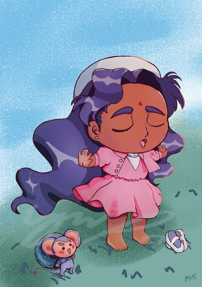 Anthy Himemiya and Chuchu from Revolutionary Girl Utena standing in a grass field and enjoying the breeze 