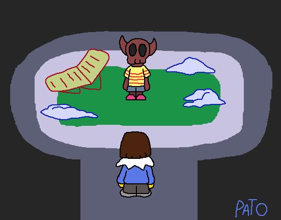 parpyr standing on the void that looks like the kickstarter area of undertale but with some snow and there is also a pathway from where frisk comes from.