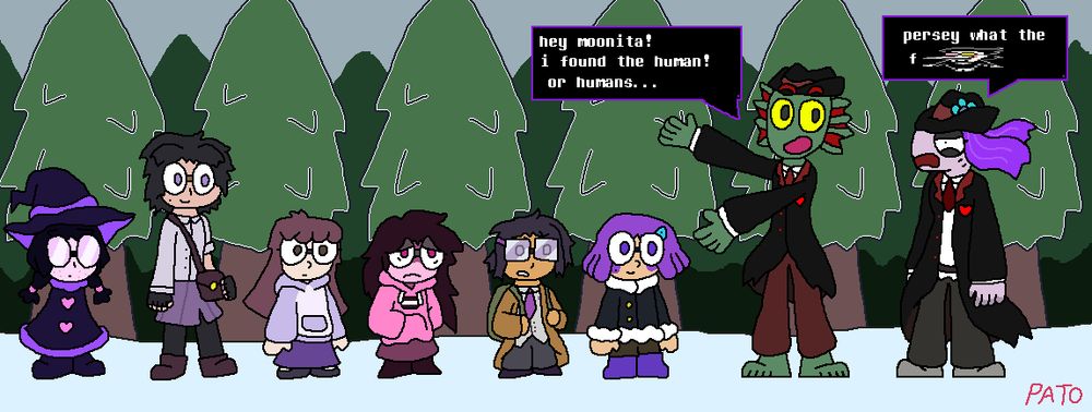 other purple souls and GURI!
persey is excited to show moonita how many humans he found, but moonita is deeply scared and angry at this.