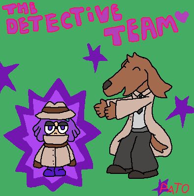 blues is very happy while guri is annoyed on a oversized detective suit