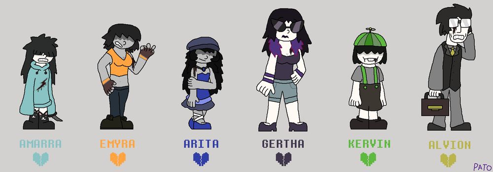 the 6 sinner souls!
* amarra (sloth) is a small child who wears a cyan jacket and has a scar in the stomacth
* emyra (wrath) is a teenager with a orange top, fingerless gloves and a scar in the left arm.
* arita (envy) is a small child who wears a blue ballet dress, a baggie hat and has a scar in the right arm.
* gertha (lust) is a woman with a purple top, a pink fur coat, big sunglasses and a scar on the chest.
* kervin (gluttony) is a little german boy who wears exactly those clothes but green and has a scar on the mouth.
* alvion (greed) is a tall slim salesman with a yellow tie that has a scar underneath his eye.