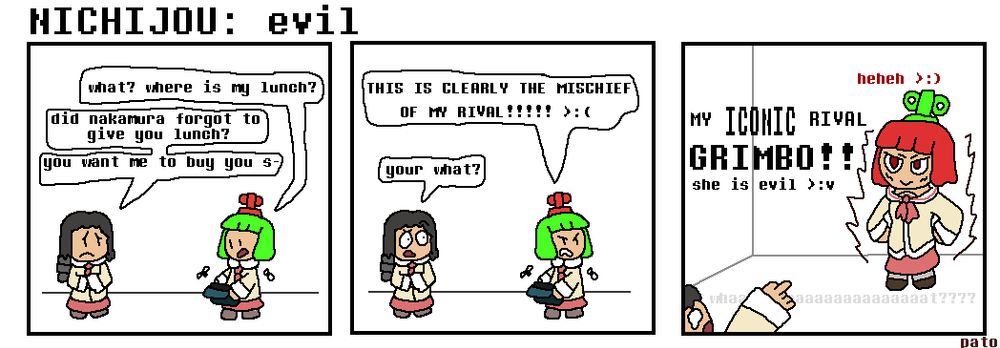 glumbo qustions where her lunch went, nano offers to buy her one instead.
but glumbo knows it was the action of HER RIVAL! nano is confused.
then GRIMBO APPEARS! she is a red glumbo