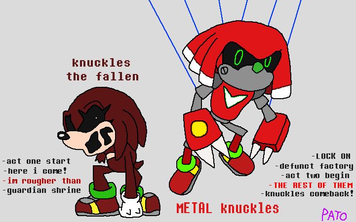 knuckles the fallen, which resembles the appareance of knuckles soul from triple trouble.
and metal knuckles from sonic R as the NEO form, is hold by blue strings