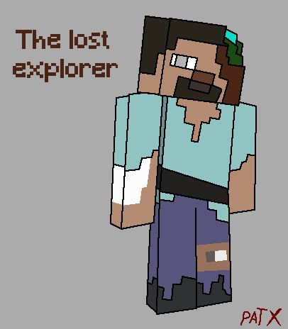 The lost explorer is a player left behind, surviving by eating and skinning other mobs. looks like steve but paler, half of the head remade with random blocks, a belt on the hips and parts of his body stitched with horse and sheep skin.