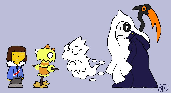 Frisk swaps with...uuuh...frisk, they dont swap at all. they now dress like sans. they have sans jacket with the slash on it.
and now ruins dummy is...FUNNY SCARECROW!!! a scarecrow with the shape of monster kid!
Alphys on the role of napstablook! she is now a nerdy ghost in search of her love!...while also very shy to see her wife again.
and now one of the big changes...NAPSTABLOOK ON TORIEL ROLE!
they are now a retired grim reaper.