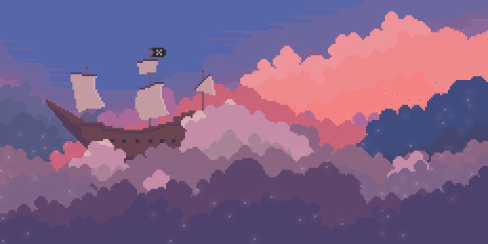 a pixel art scene with a floating pirate ship sailing through clouds at sunset