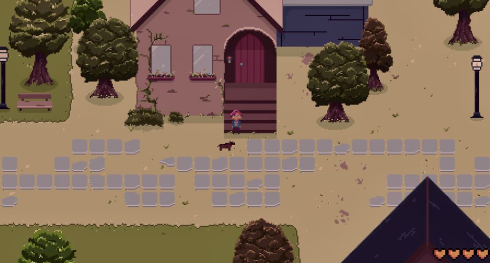 a video game pixel art scene featuring a boy and his dog in front of their house