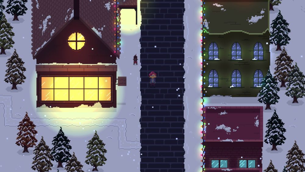 A pixel art video game scene in a snowy village with trees, buildings, christmas lights and warm looking inn.