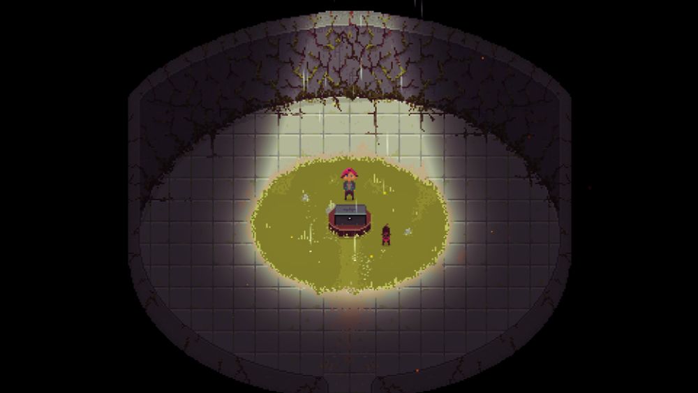 A pixel art video game scene in round room in a dungeon, with stone tile floors, ivy covered walls, and grass with a chest in the center of the room. A boy and his dog stand in the middle and rain is pouring in.